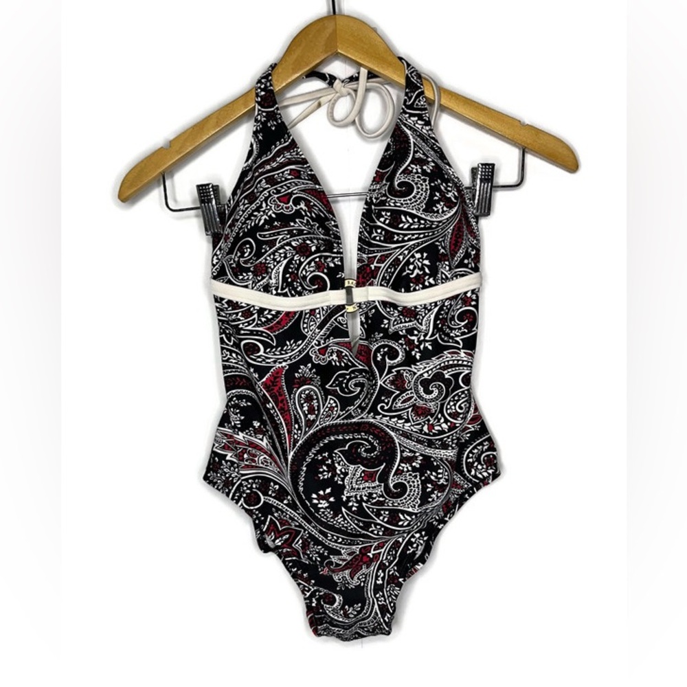 Ralph Lauren Black Red Paisley One Piece SwimSuit Size 8 medium Summer Beach